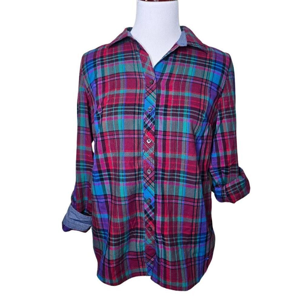 Talbots Cotton Plaid Button Down Roll Sleeve Shirt Vibrant Flannel Style Small